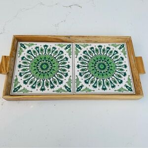 Tile Trivet Carved Wood Serving Tray Green White Rustic Kitchen Hot Plate